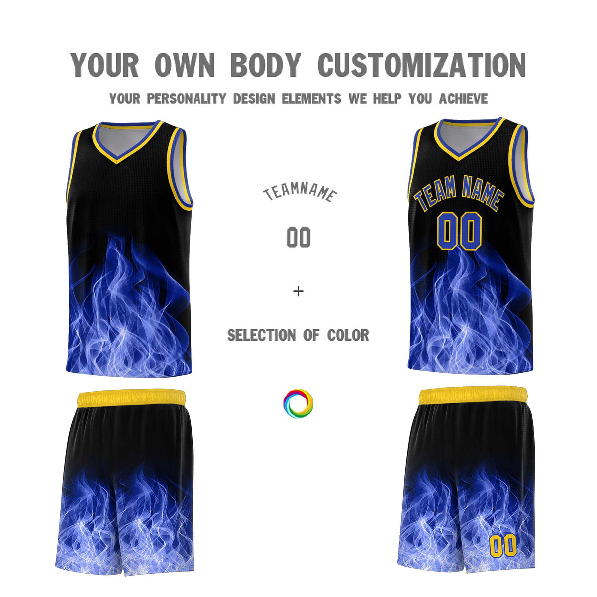 Custom Youth Basketball Jersey Black Gold Flame Fire Design Personalized Team Uniform Set