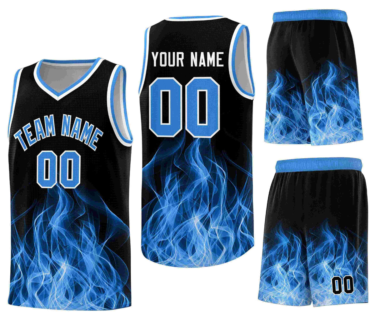 Custom Black Light Blue Flame Graffiti Pattern Drapable Personalized Uniform Basketball Jersey