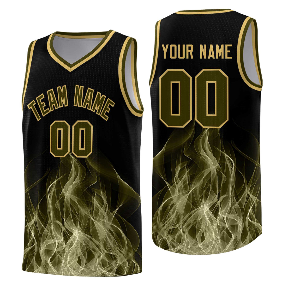 Custom Youth Basketball Jersey Black Khaki Flame Design Personalized Team Uniform Set