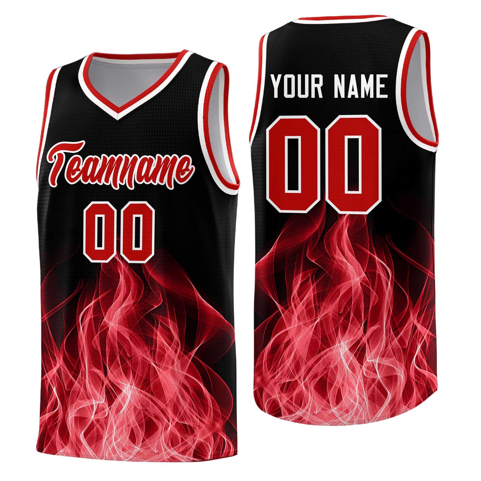 Custom Youth Basketball Jersey Black Red Flame Fire Design Personalized Team Uniform Set