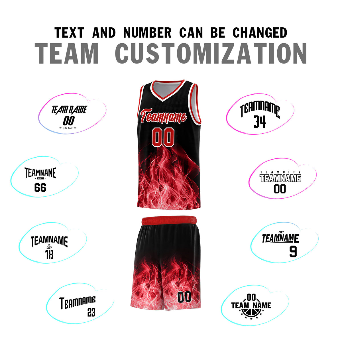 Custom Youth Basketball Jersey Black Red Flame Fire Design Personalized Team Uniform Set
