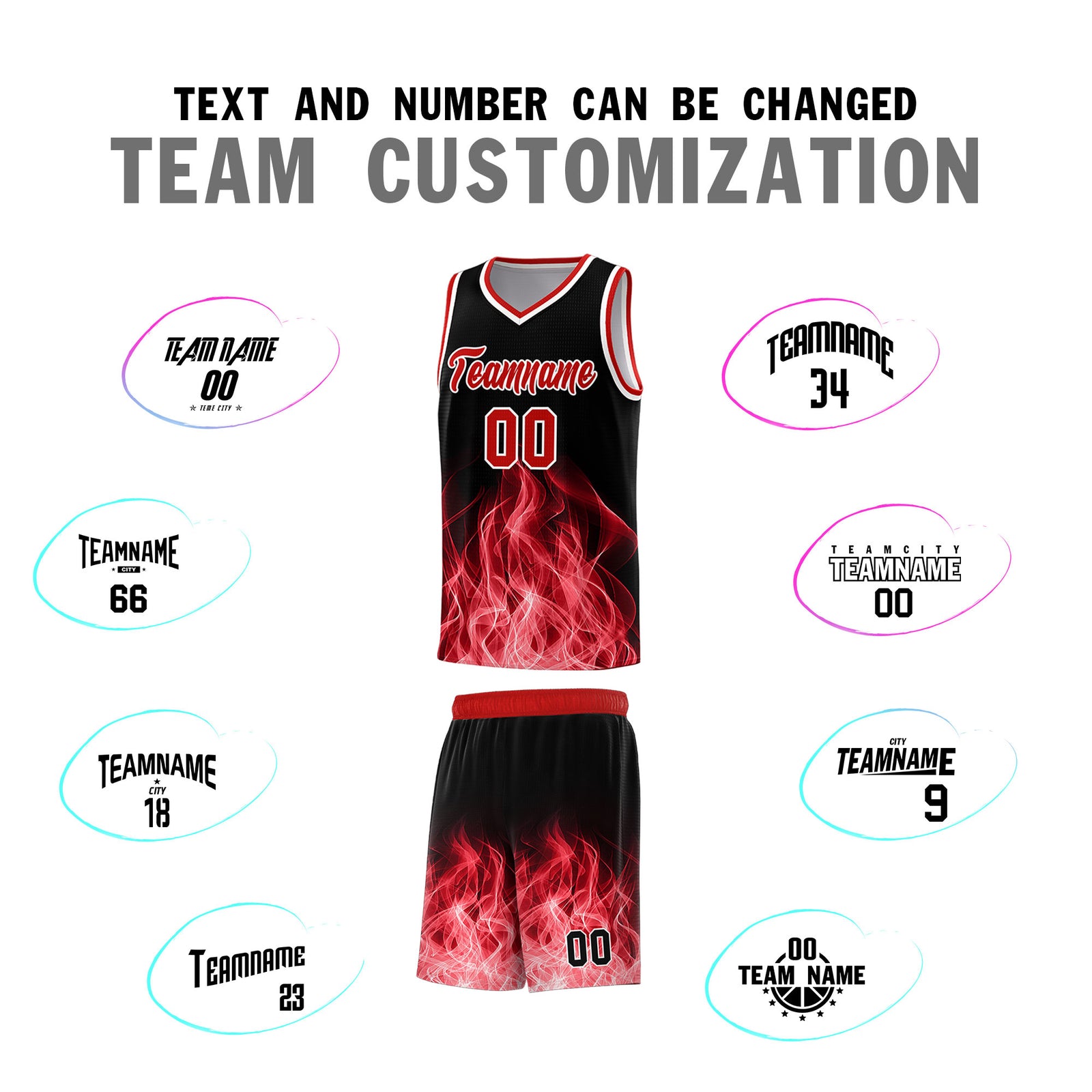 Custom Youth Basketball Jersey Black Red Flame Fire Design Personalized Team Uniform Set