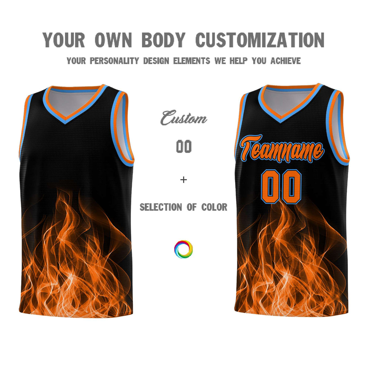 Custom Youth Basketball Jersey Black Orange Flame Design Personalized Team Uniform Set
