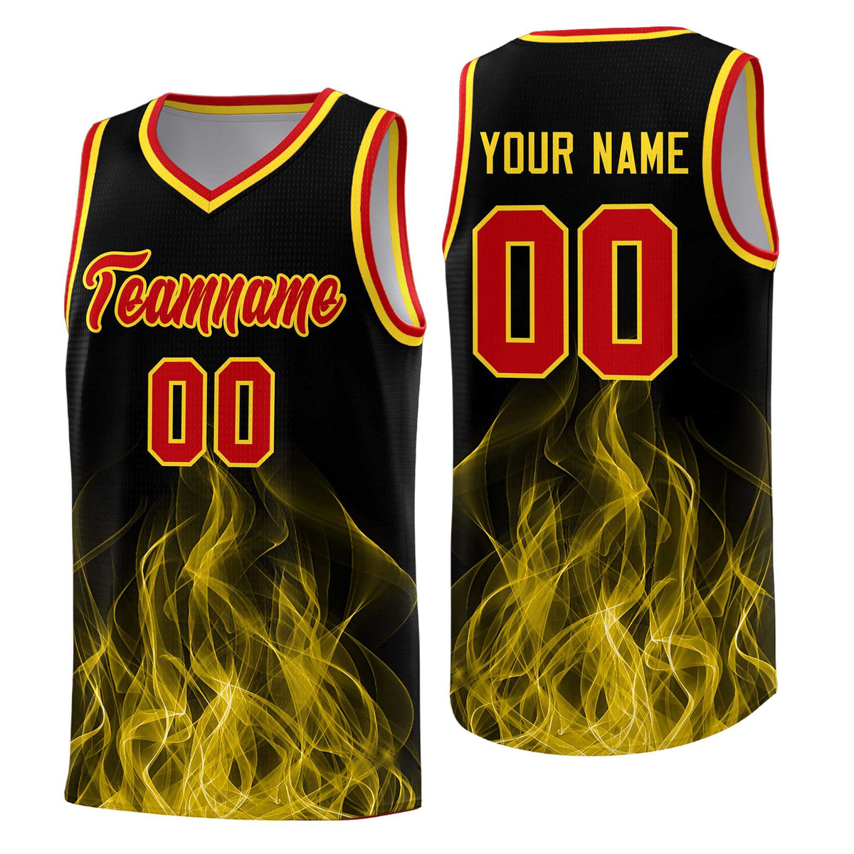 Custom Youth Basketball Jersey Black Gold Flame Design Unique Team Uniform Set