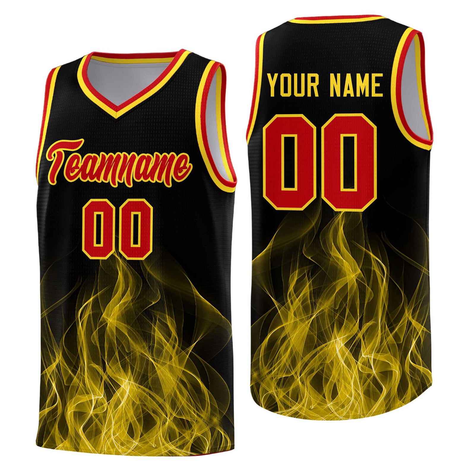 Custom Youth Basketball Jersey Black Gold Flame Design Unique Team Uniform Set