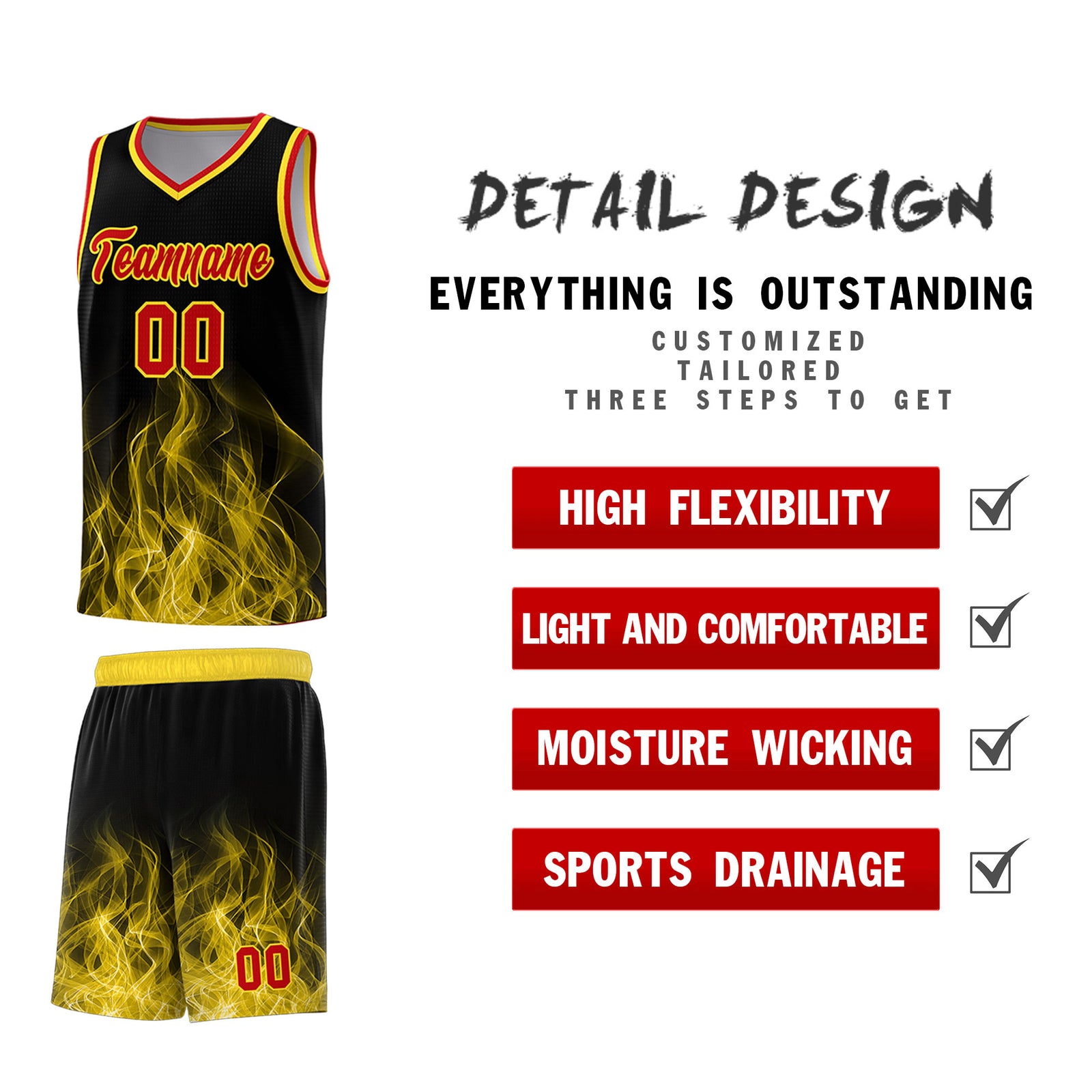 Custom Youth Basketball Jersey Black Gold Flame Design Unique Team Uniform Set