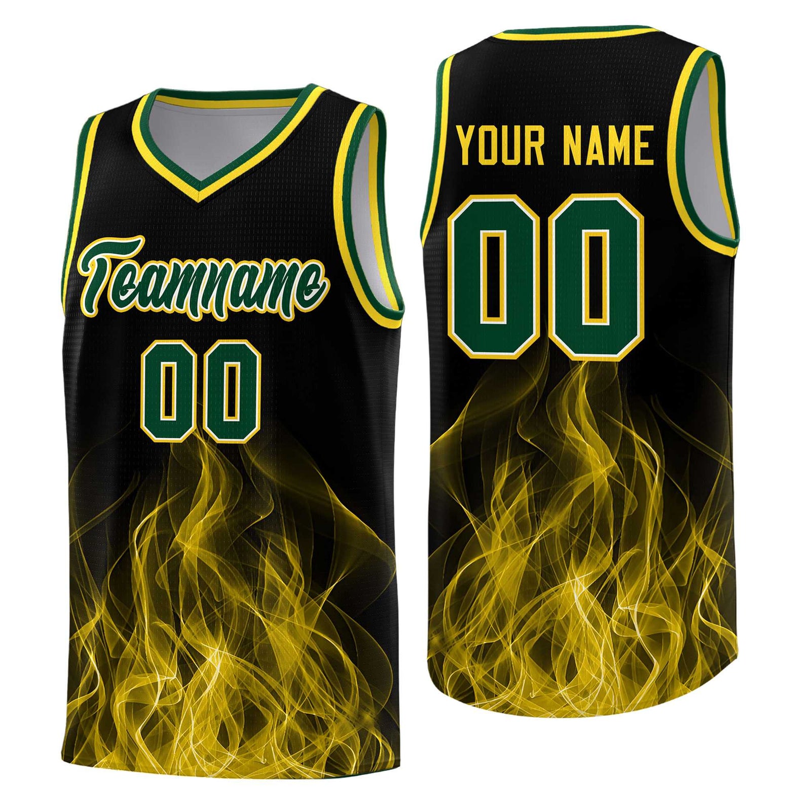 Custom Youth Basketball Jersey Black Gold Flame Design Personalized Team Uniform Set
