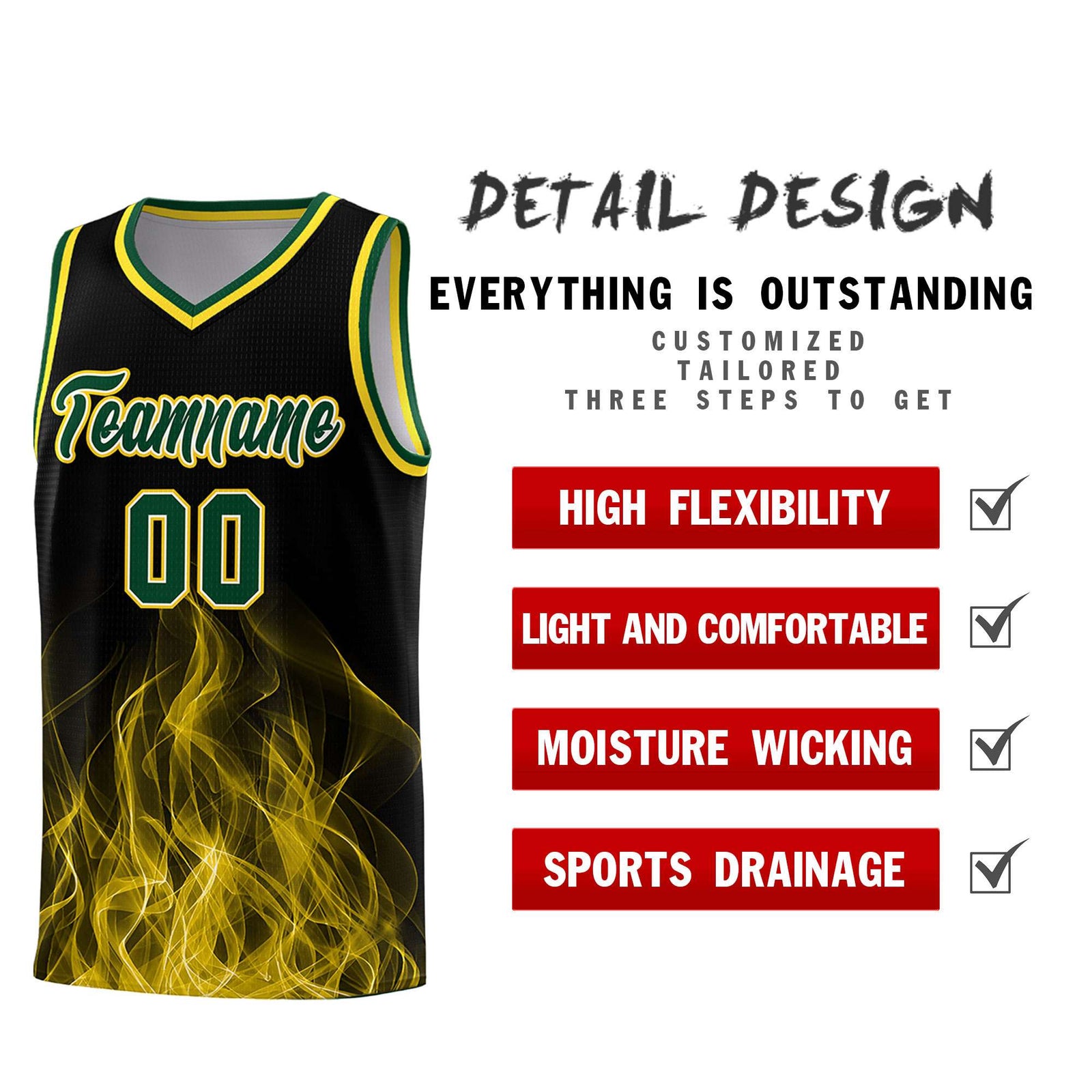 Custom Youth Basketball Jersey Black Gold Flame Design Personalized Team Uniform Set