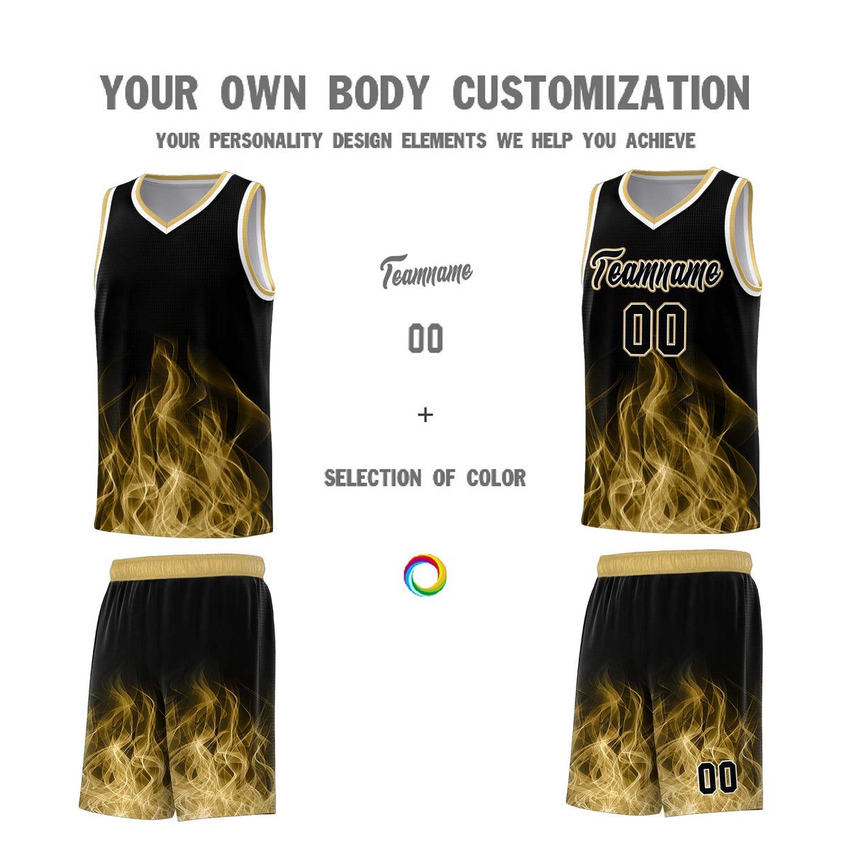 Custom Youth Basketball Jersey Black Old Gold Flame Fire Design Personalized Team Uniform Set