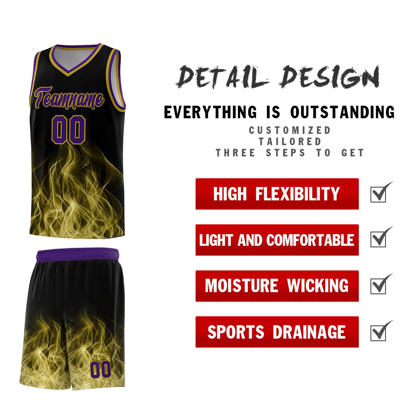 Custom Youth Basketball Jersey Black Purple Flame Design Unique Team Uniform Set