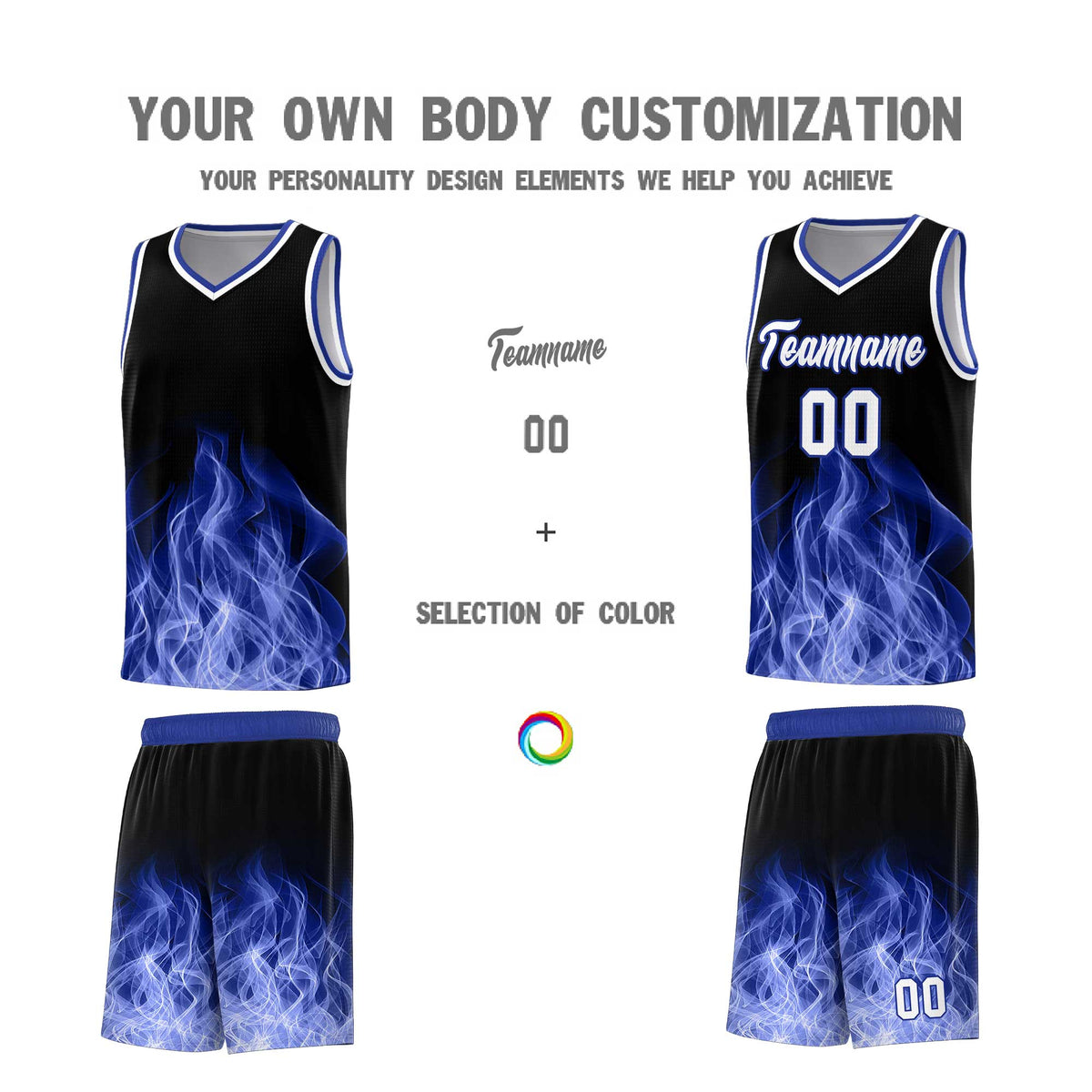 Custom Youth Basketball Jersey Black Royal Flame Design Personalized Team Uniform Set