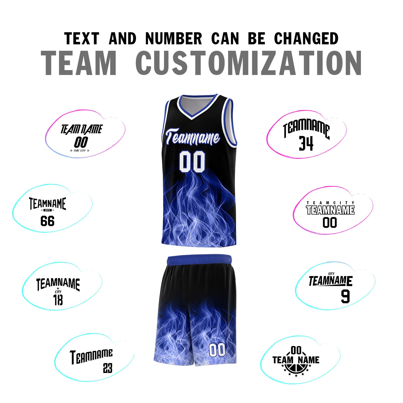 Custom Youth Basketball Jersey Black Royal Flame Design Personalized Team Uniform Set