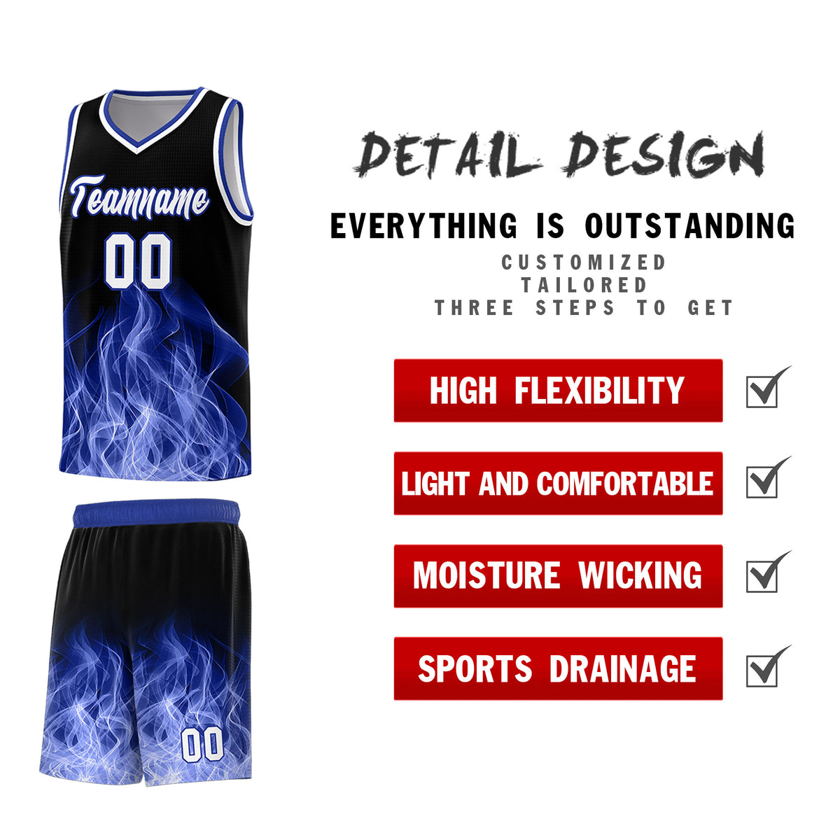 Custom Youth Basketball Jersey Black Royal Flame Design Personalized Team Uniform Set