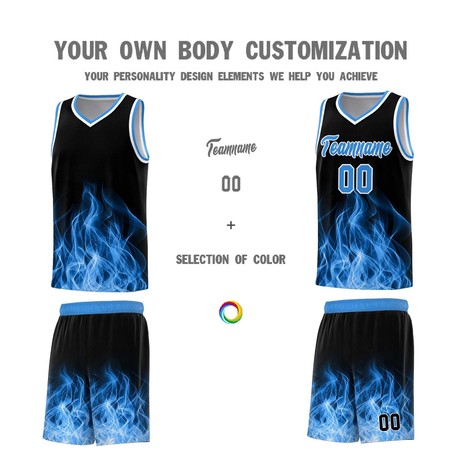 Custom Youth Basketball Jersey Black Light Blue Flame Design Unique Team Uniform Set