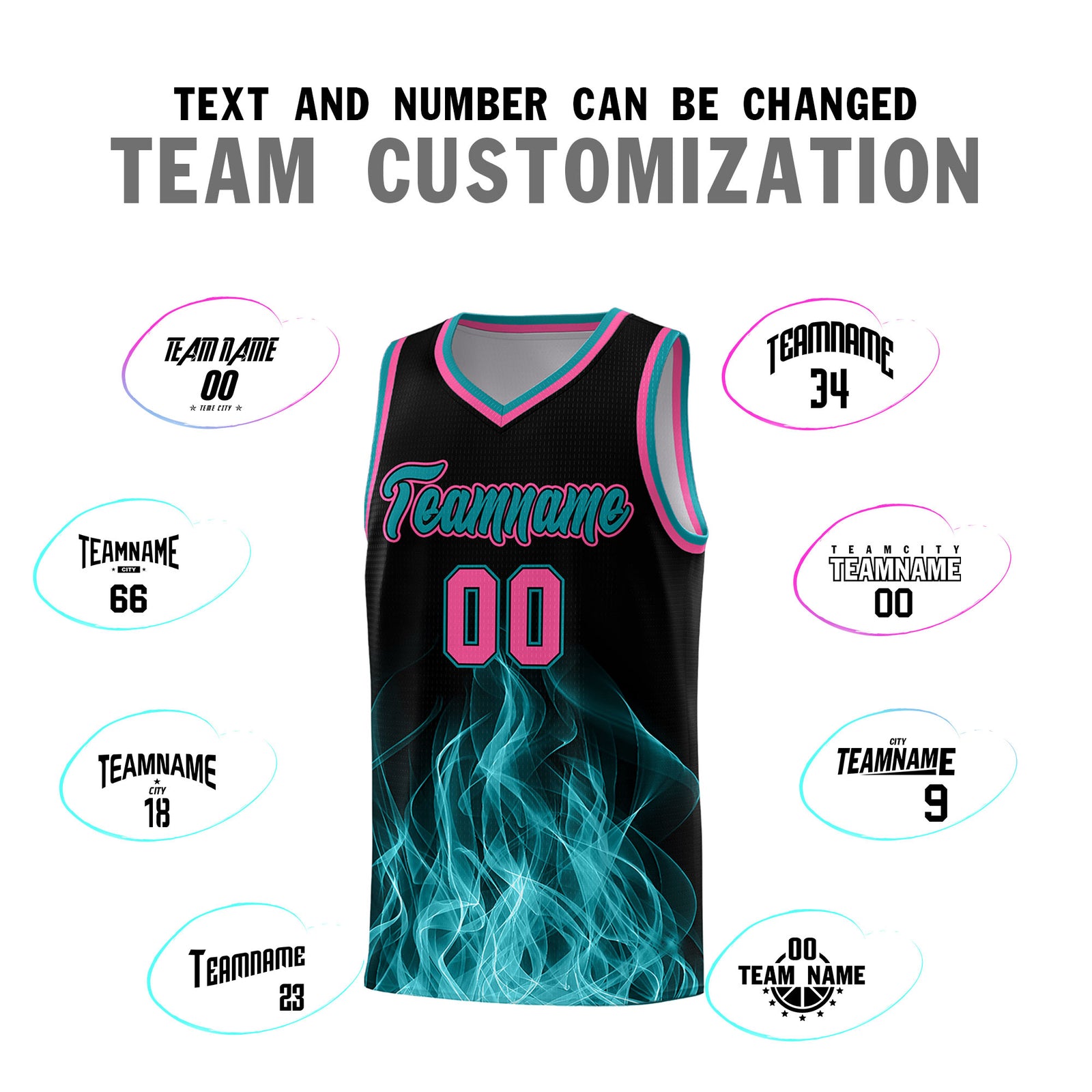 Custom Youth Basketball Jersey Black Teal Flame Fire Design Personalized Team Uniform Set