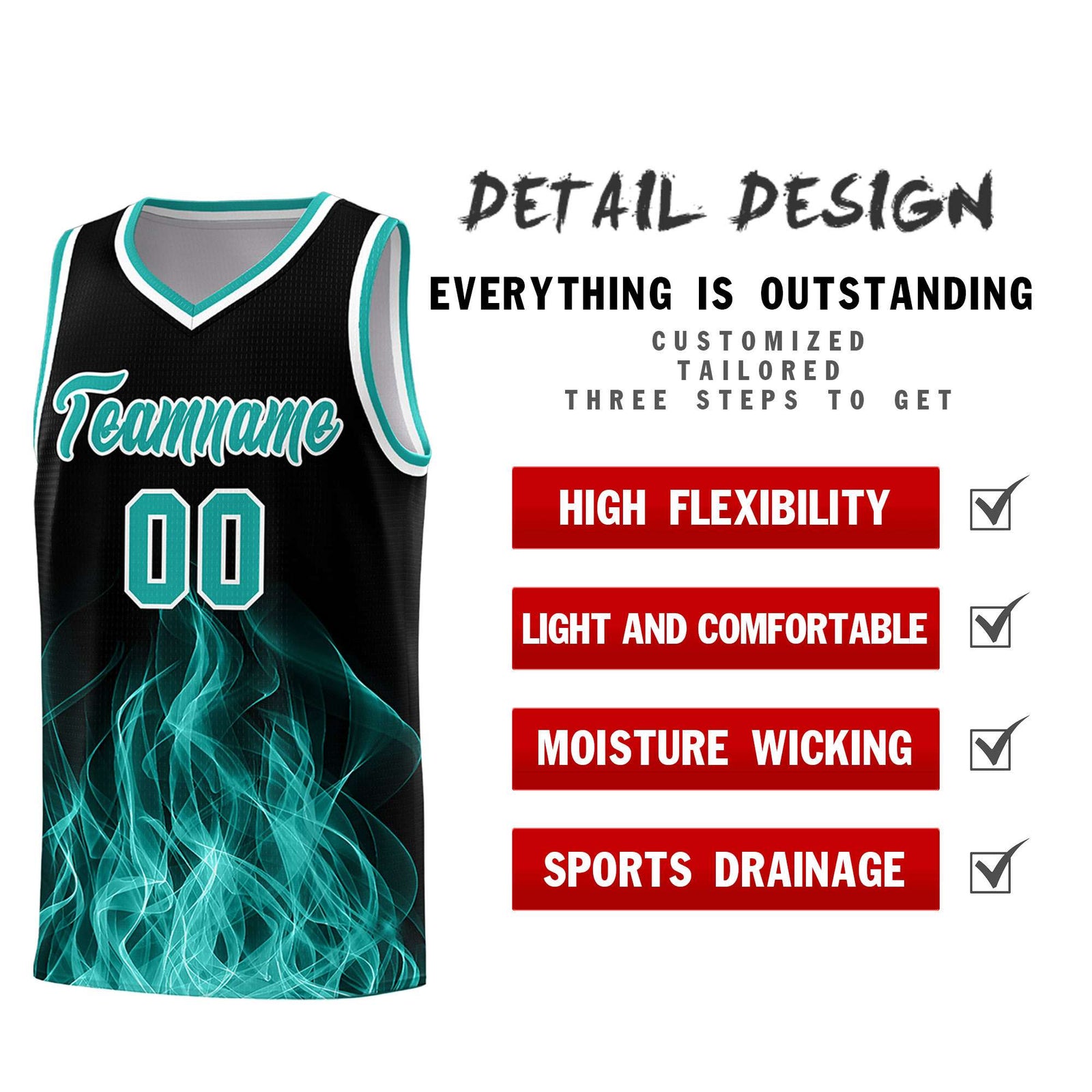 Custom Youth Basketball Jersey Black Aqua Flame Design Unique Team Uniform Set