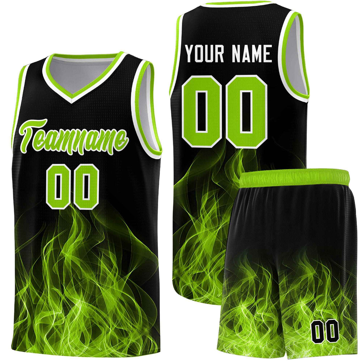Custom Youth Basketball Jersey Black Neon Green Flame Design Personalized Team Uniform Set