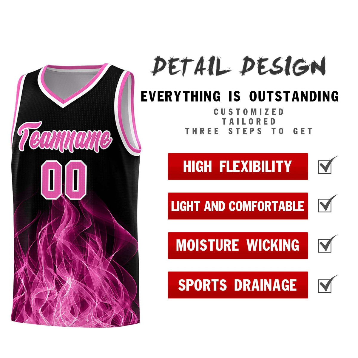 Custom Youth Basketball Jersey Black Pink Flame Fire Design Personalized Team Uniform Set
