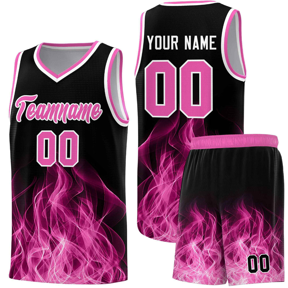 Custom Youth Basketball Jersey Black Pink Flame Fire Design Personalized Team Uniform Set
