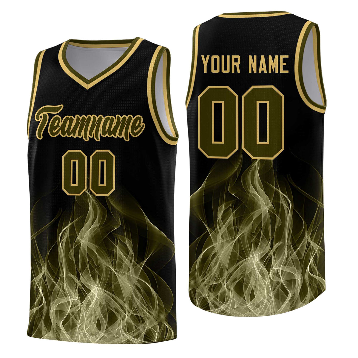 Custom Youth Basketball Jersey Black Khaki Flame Design Personalized Team Uniform Set