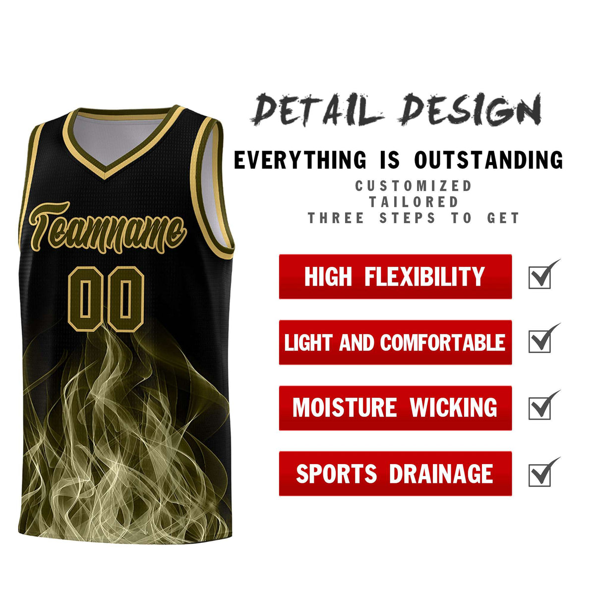 Custom Youth Basketball Jersey Black Khaki Flame Design Personalized Team Uniform Set