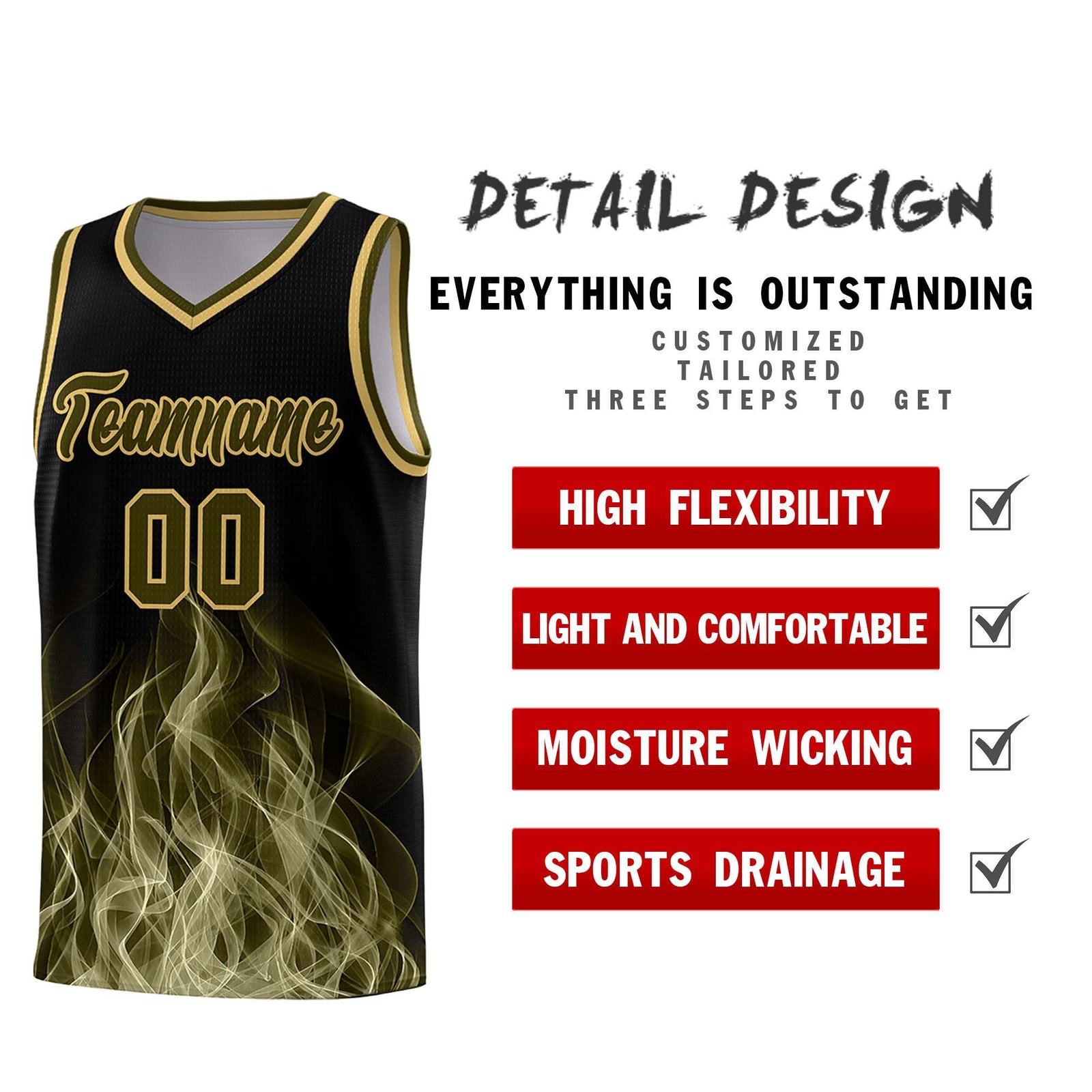Custom Youth Basketball Jersey Black Khaki Flame Design Personalized Team Uniform Set