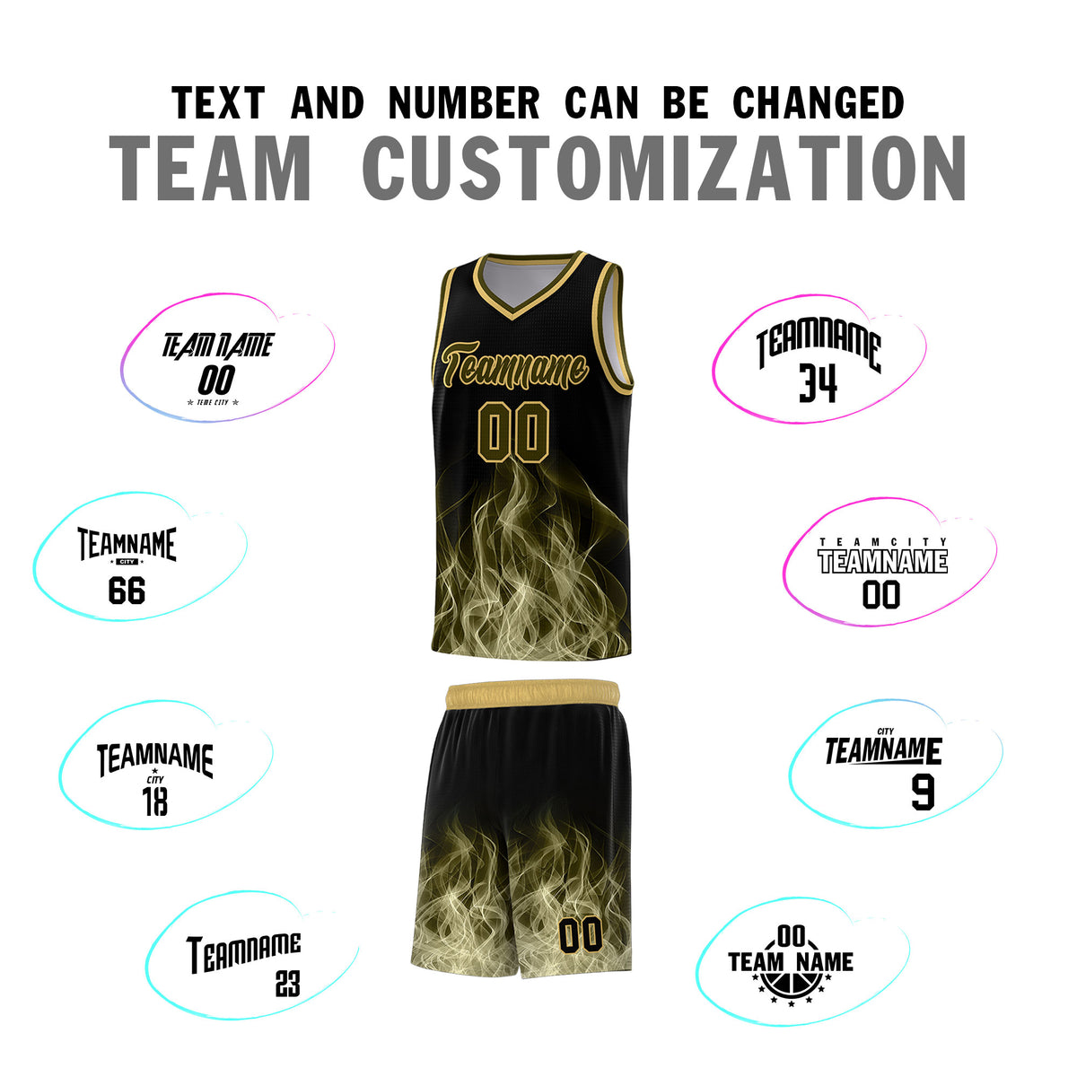 Custom Youth Basketball Jersey Black Khaki Flame Design Personalized Team Uniform Set