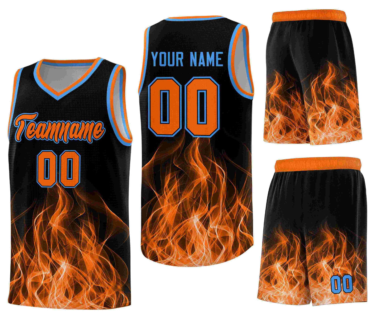 Custom Black Orange Flame Graffiti Pattern Sublimation Printing Personalized Uniform Basketball Jersey