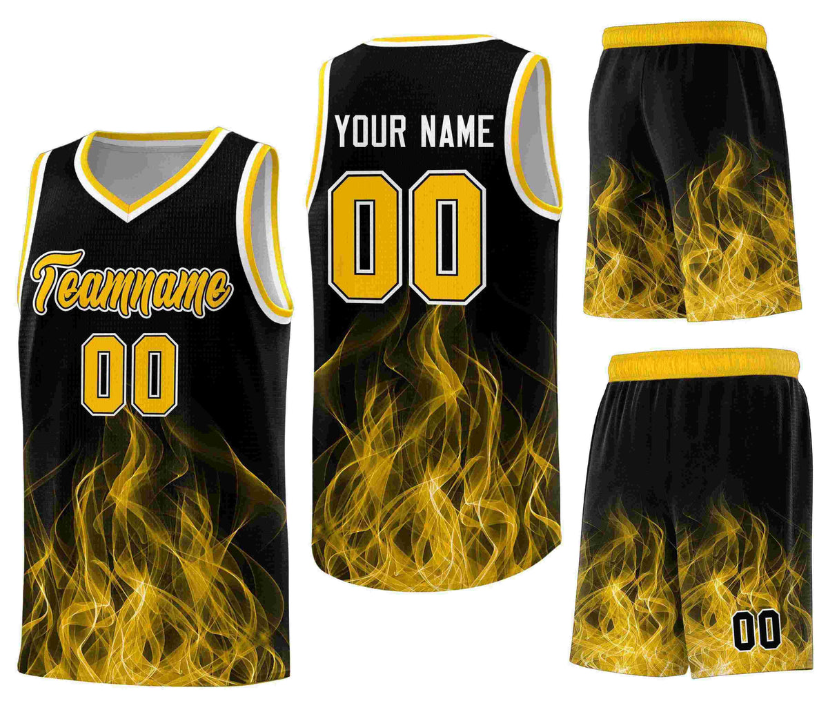 Custom Black Yellow Flame Graffiti Pattern Breathable Personalized Uniform Basketball Jersey