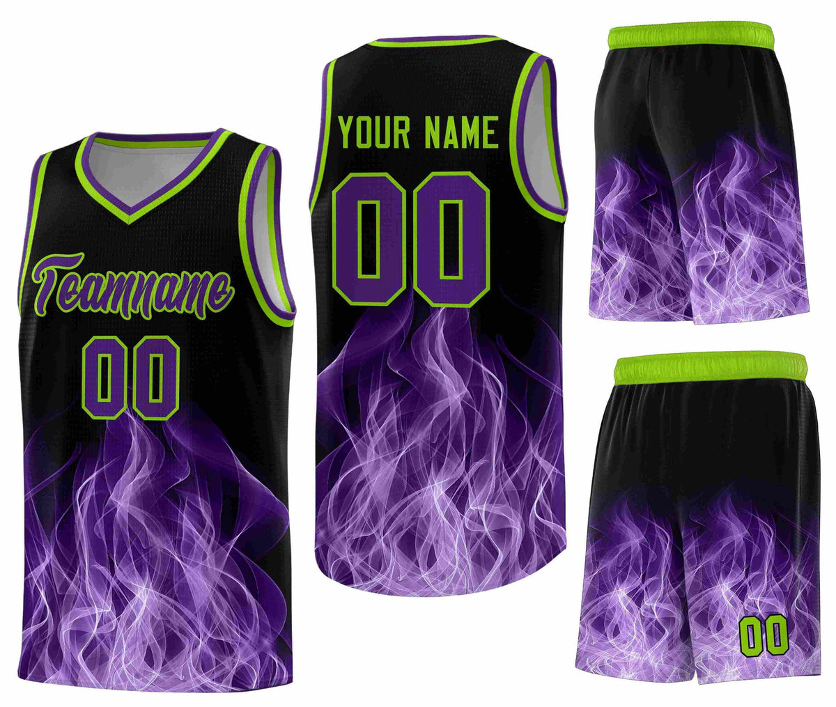 Custom Black Neon Green Flame Graffiti Pattern Breathable Personalized Uniform Basketball Jersey