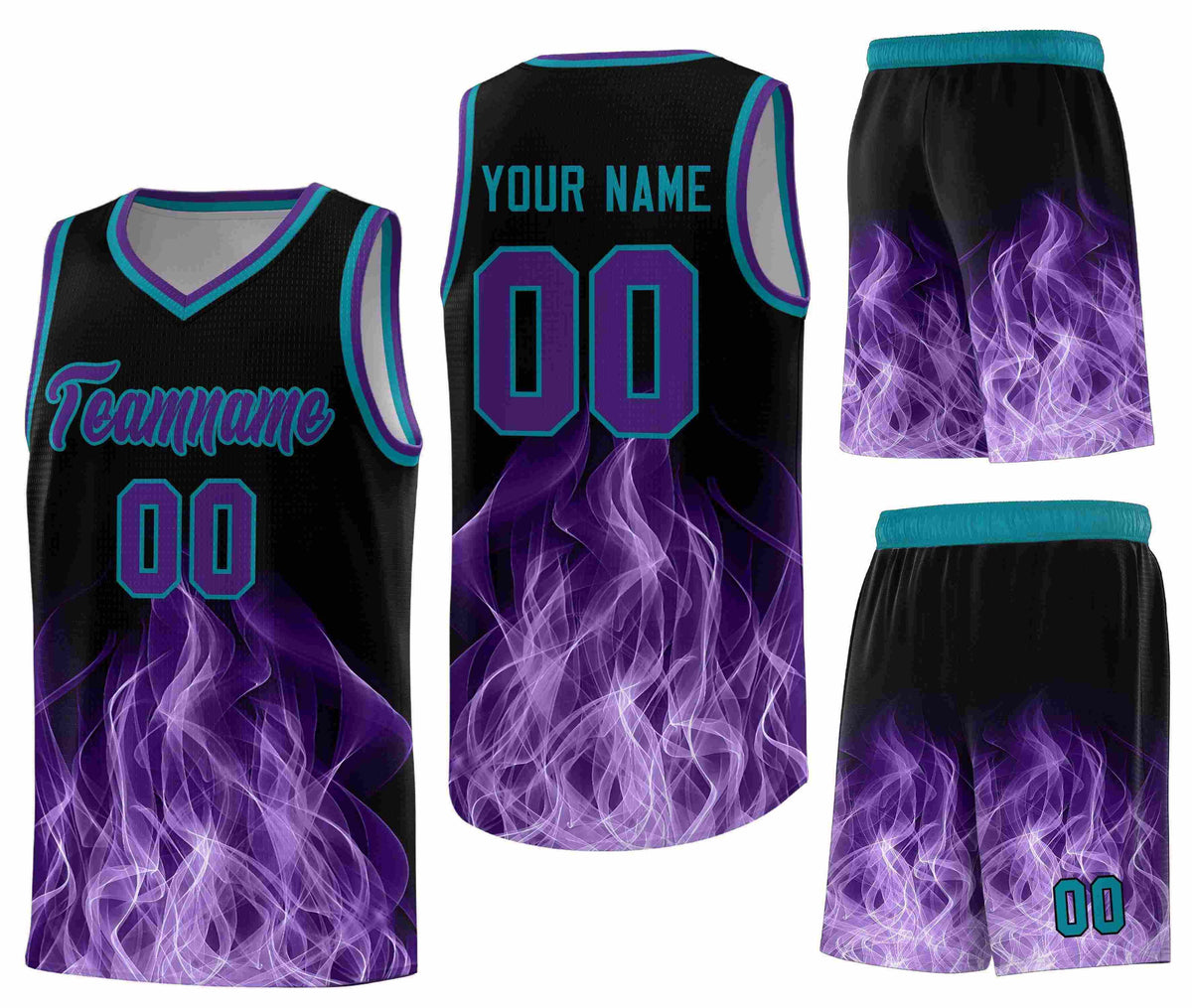 Custom Black Teal Flame Graffiti Pattern Quick-Drying Personalized Uniform Basketball Jersey