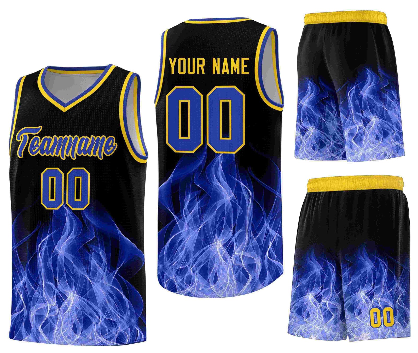 Custom Black Gold Flame Graffiti Pattern Wrinkle-Resistant Personalized Uniform Basketball Jersey