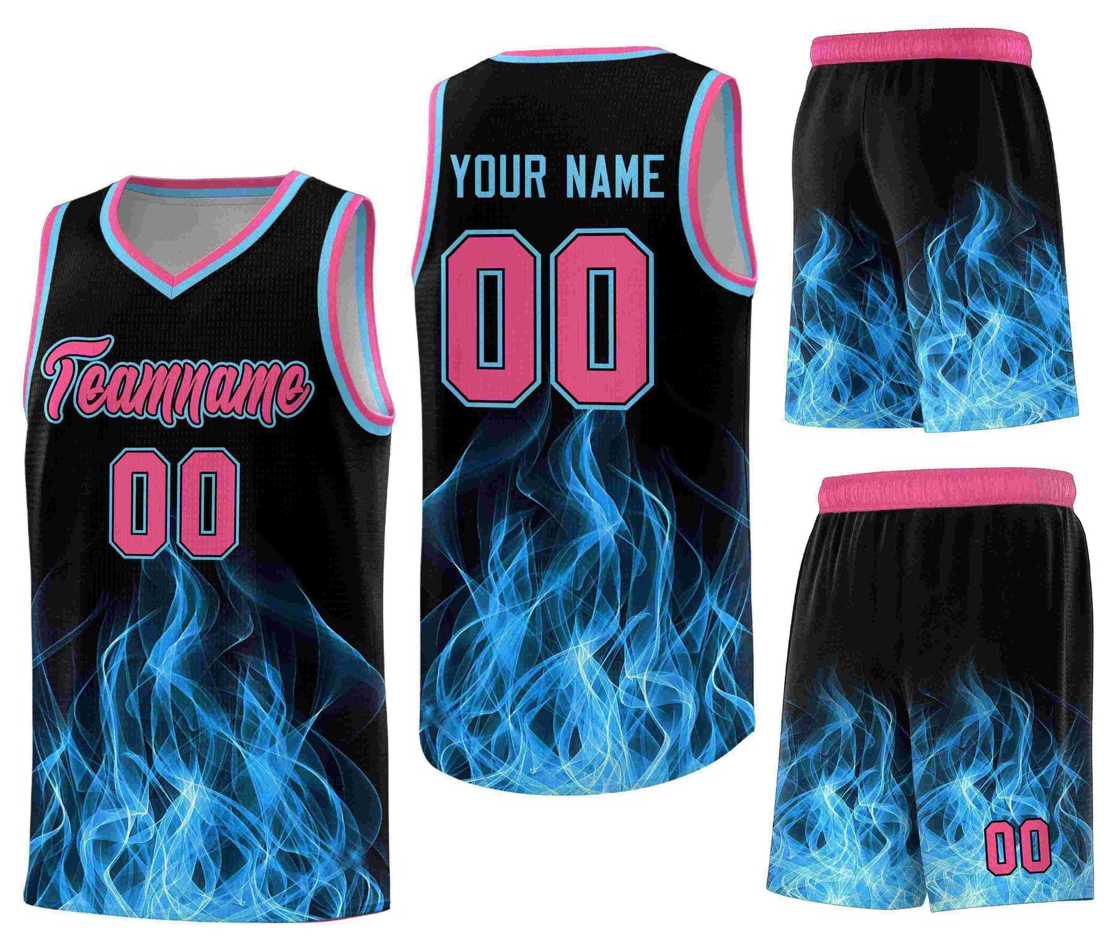 Custom Black Pink Flame Graffiti Pattern Sublimation Printing Personalized Uniform Basketball Jersey