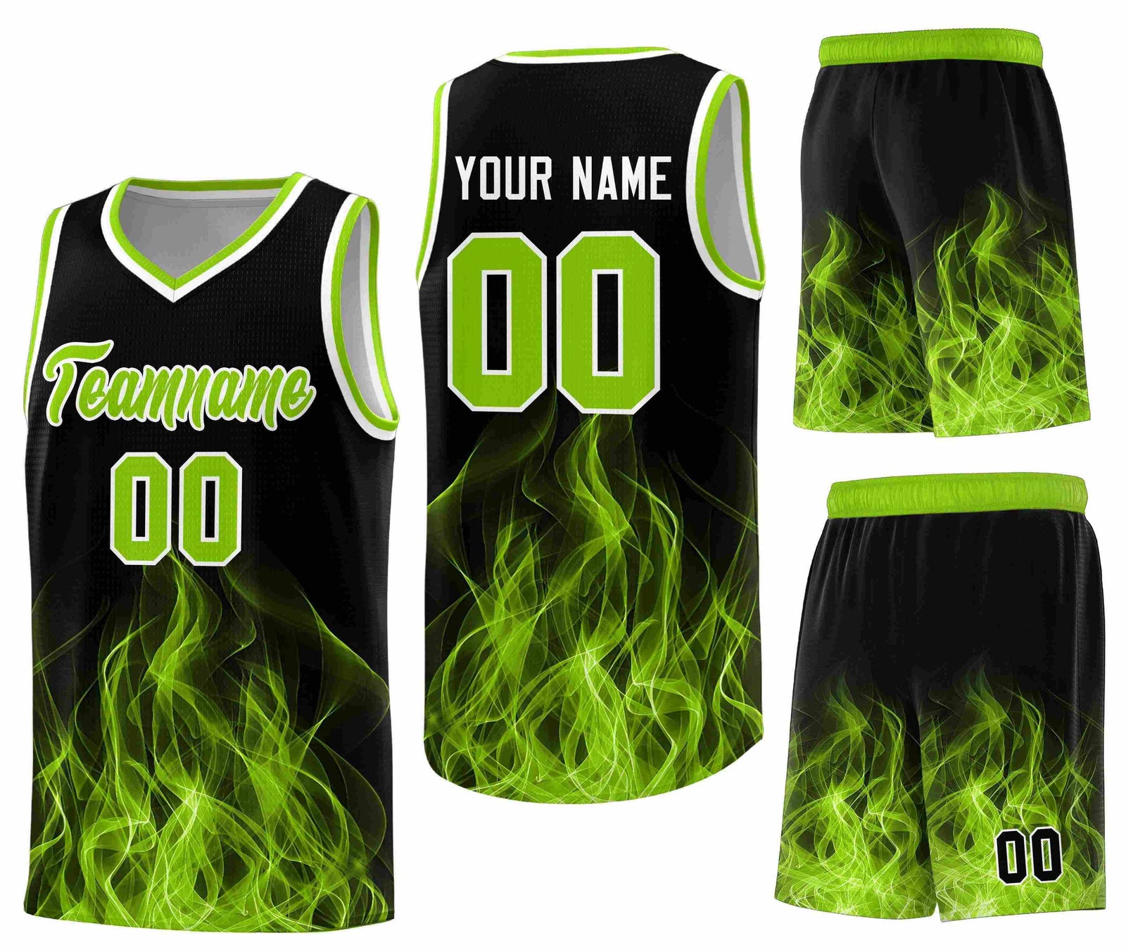 Custom Black Neon Green Flame Graffiti Pattern Lightweight Personalized Uniform Basketball Jersey