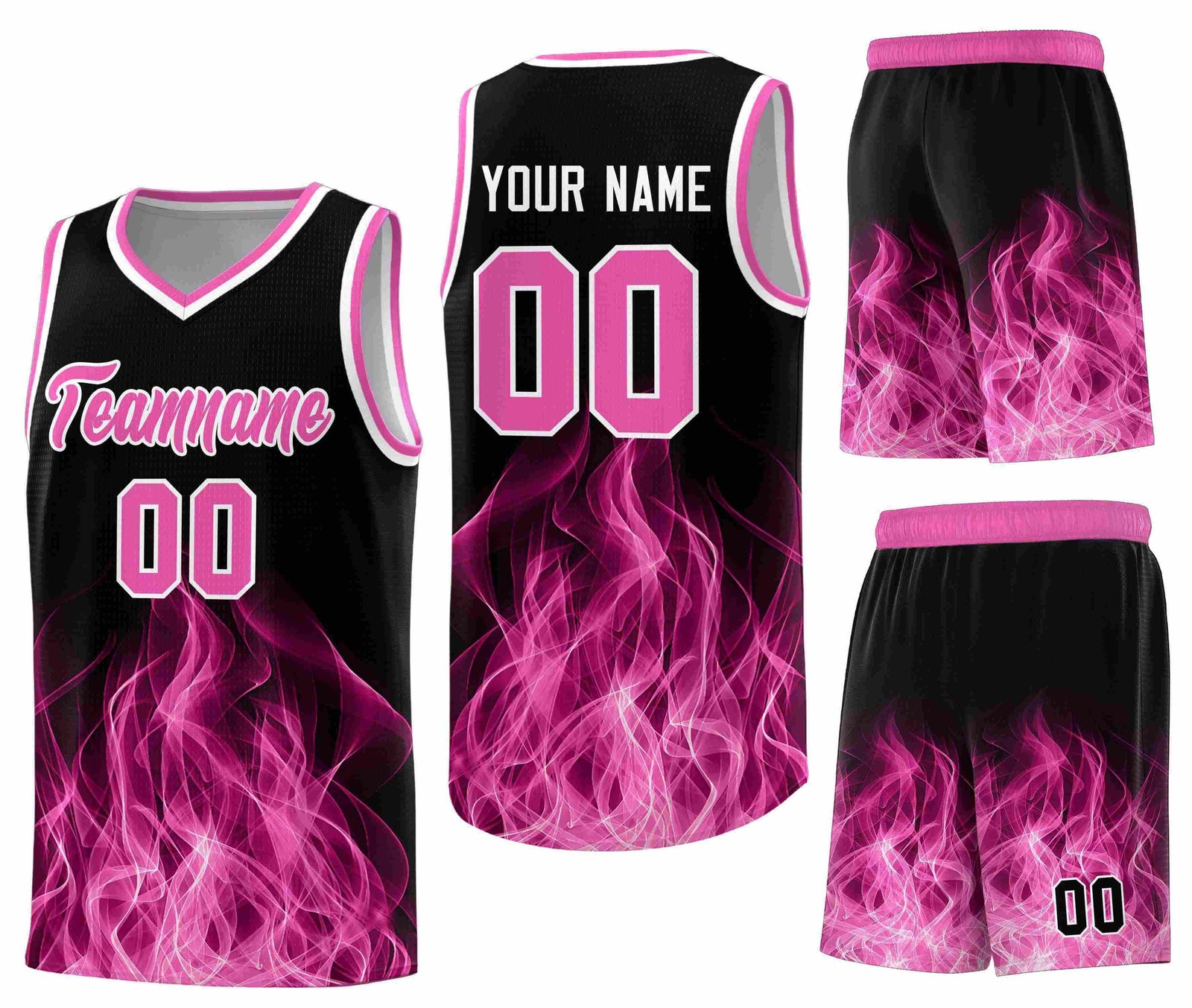 Custom Black Pink Flame Graffiti Pattern Wrinkle-Resistant Personalized Uniform Basketball Jersey