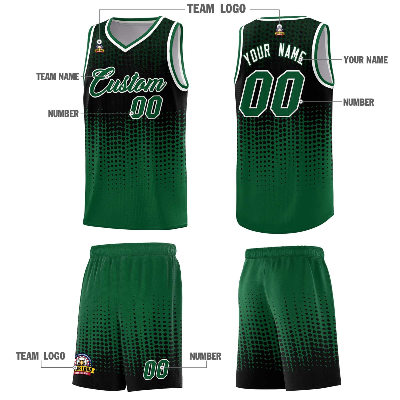 Custom Kelly Green Gradient Dots Design Pattern Sports Uniform Basketball Jersey