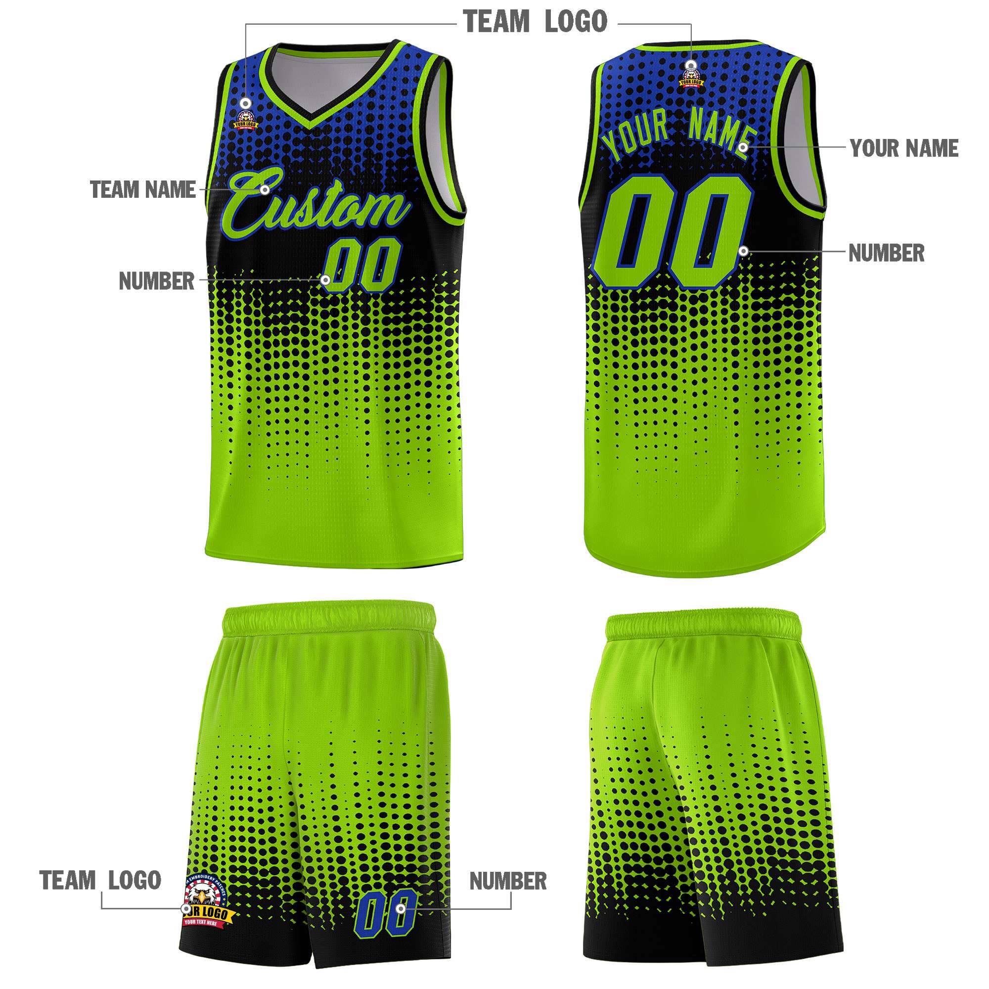 Custom Neon Green Gradient Dots Design Pattern Sports Uniform Basketball Jersey
