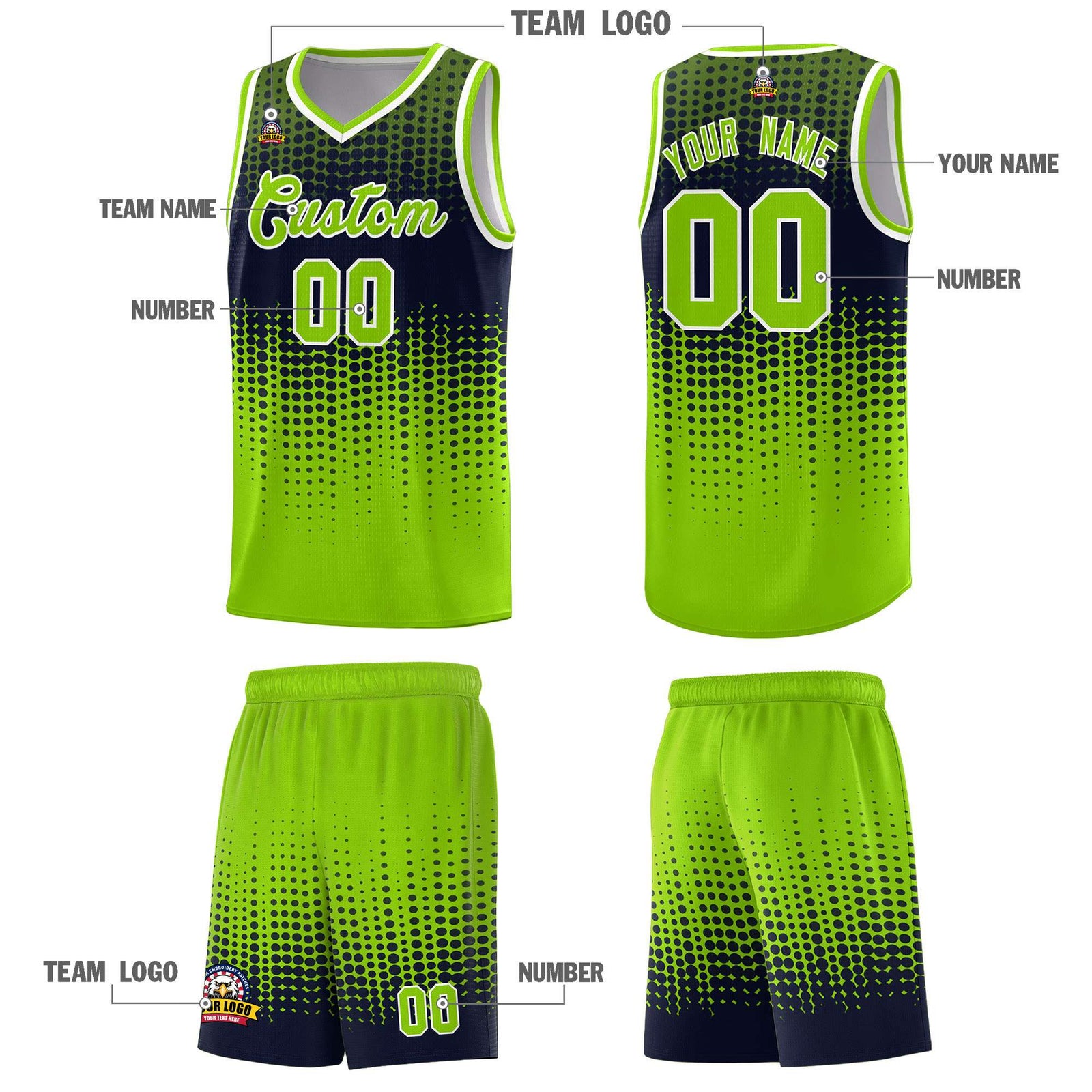 Custom Neon Green Gradient Dots Design Pattern Sports Uniform Basketball Jersey