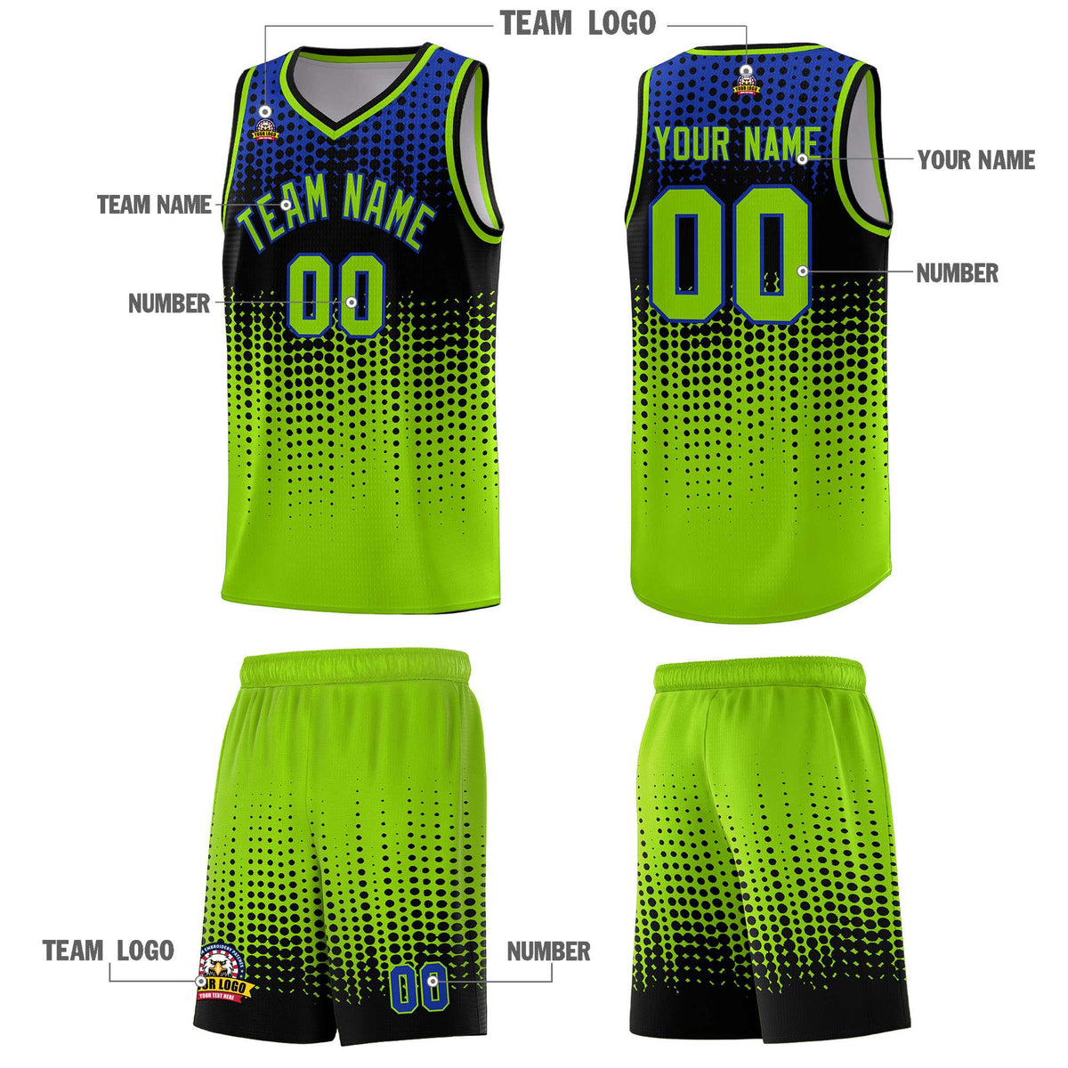 Custom Neon Green Gradient Dots Design Pattern Sports Uniform Basketball Jersey