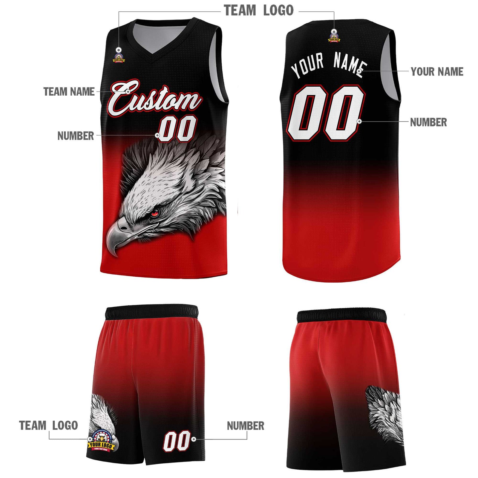 Custom Black Red Basketball Kits with Eagle Pattern