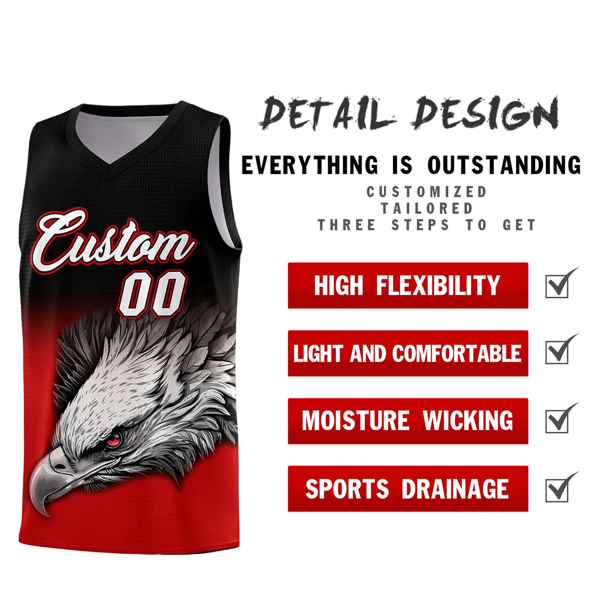Custom Black Red Basketball Kits with Eagle Pattern