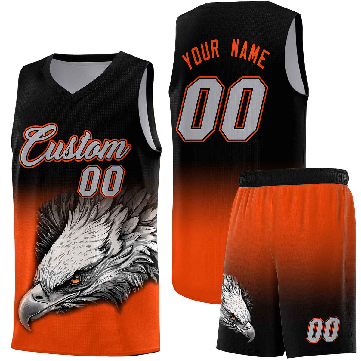 Custom Black Orange Basketball Kits with Eagle Pattern