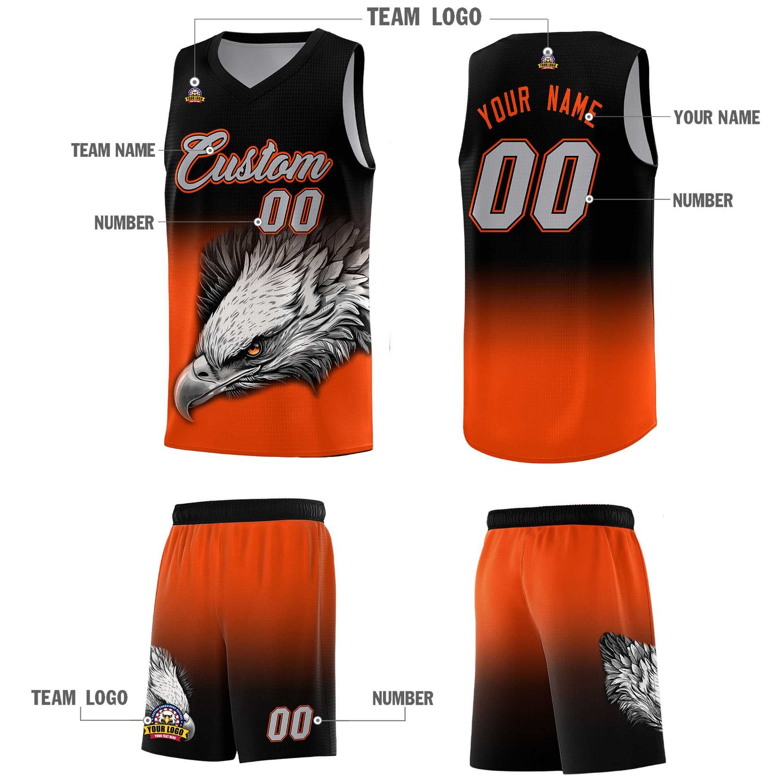 Custom Black Orange Basketball Kits with Eagle Pattern