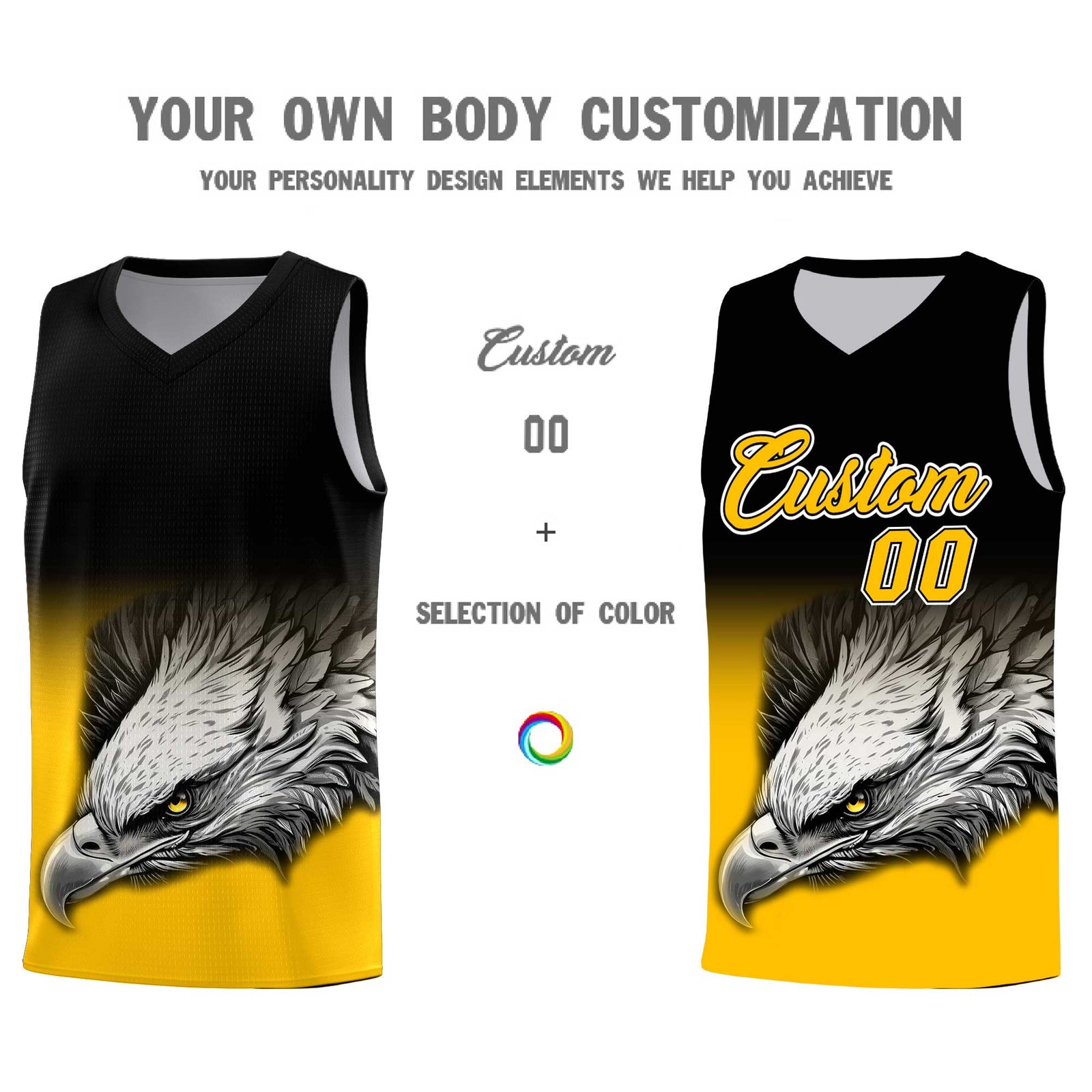 Custom Black Yellow Basketball Kits with Eagle Pattern