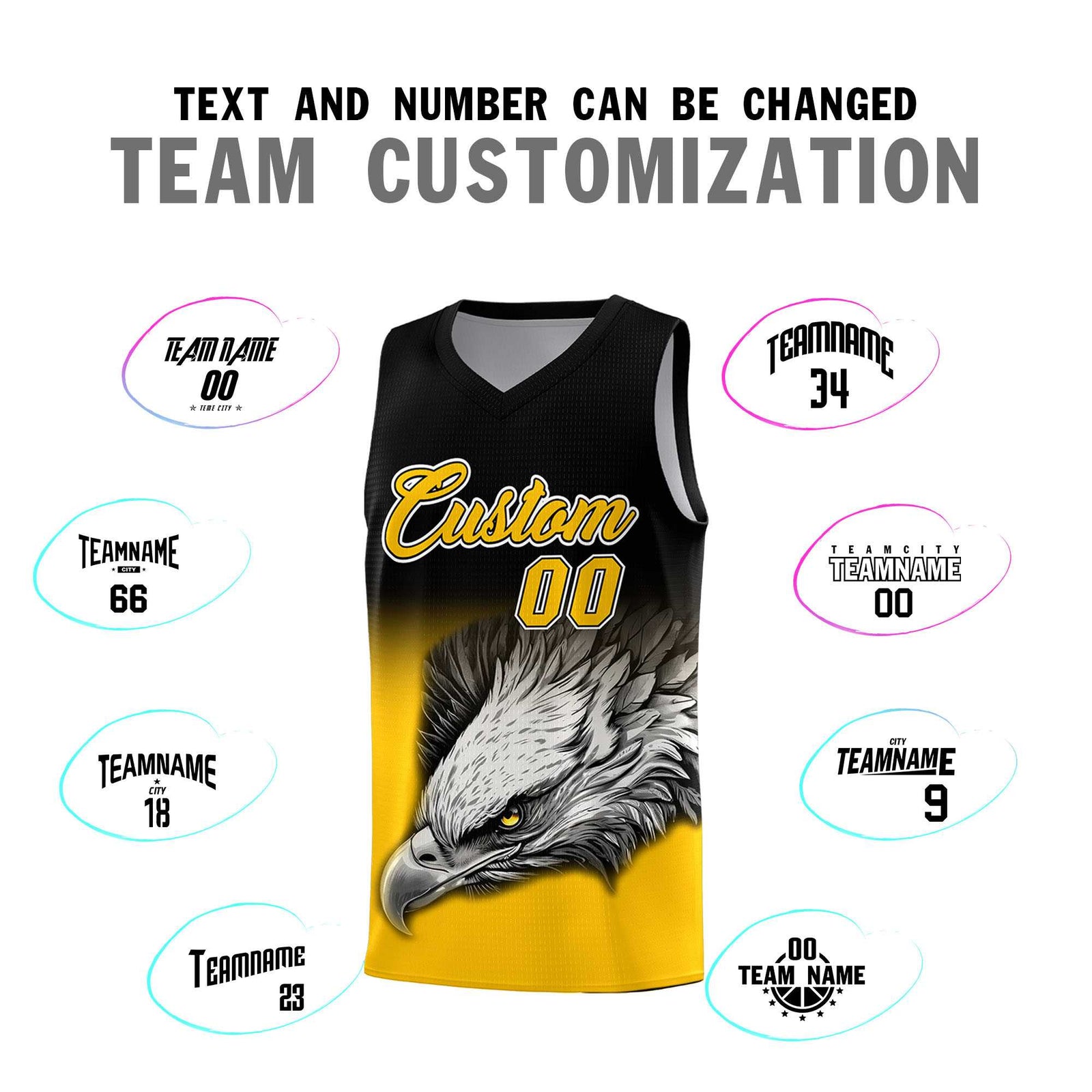 Custom Black Yellow Basketball Kits with Eagle Pattern