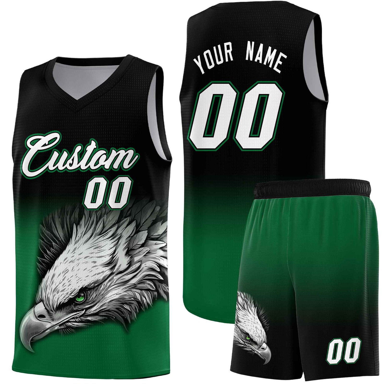 Custom Black Kelly Green Basketball Kits with Eagle Pattern