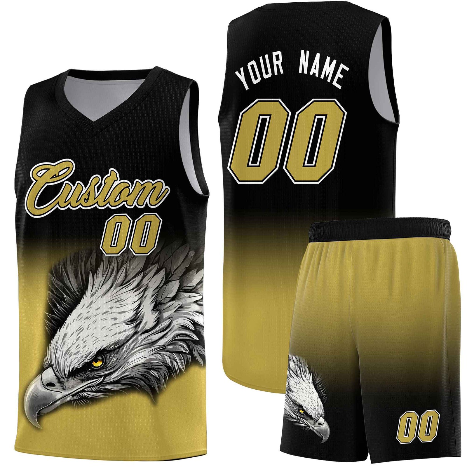 Custom Black Old Gold Basketball Kits with Eagle Pattern