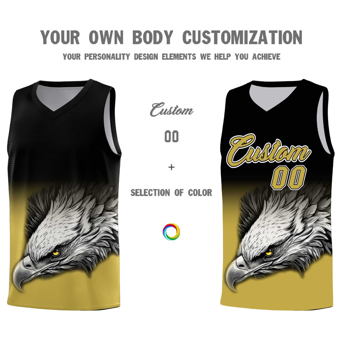 Custom Black Old Gold Basketball Kits with Eagle Pattern