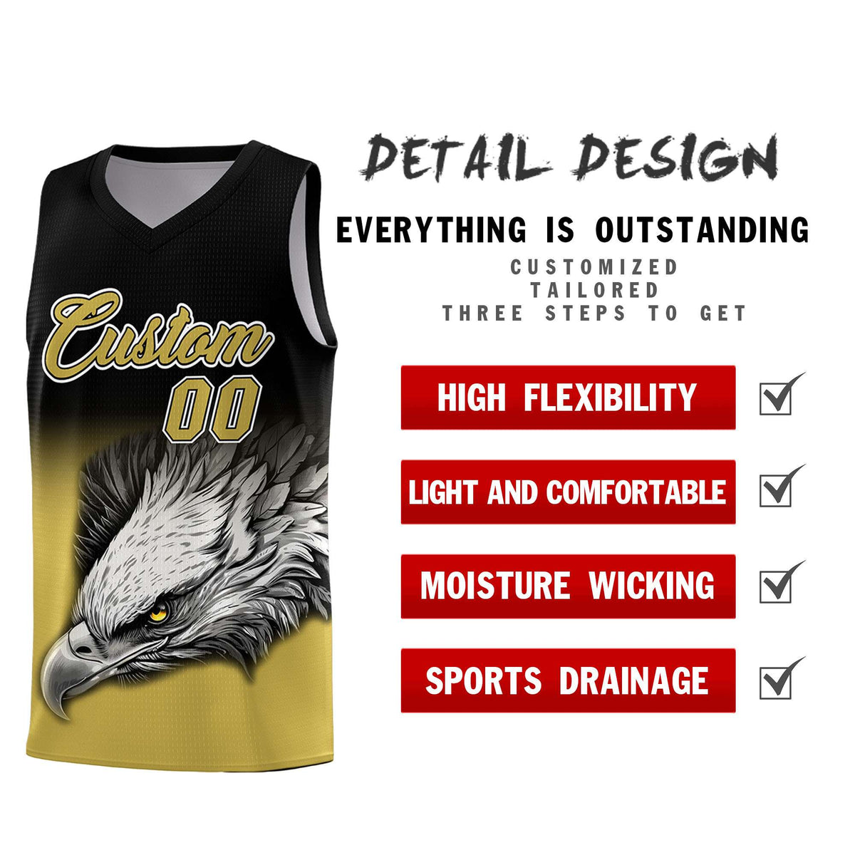 Custom Black Old Gold Basketball Kits with Eagle Pattern