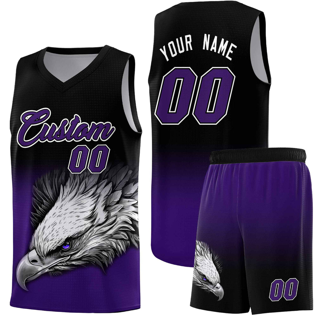Custom Black Purple Basketball Kits with Eagle Pattern